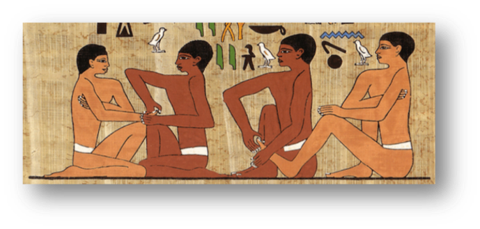 L'image est le papyrus d'une scène de réflexologie en Égypte ancienne pour illustrer l'histoire de la réflexologie. 